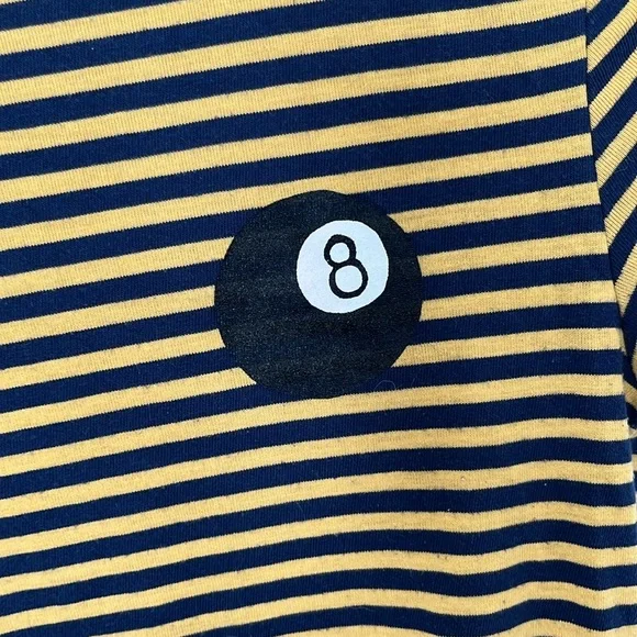 8 BALL T-SHIRT BY TRULY MADLY DEEPLY L.A. DK NAVY&YELLOW STRIPES SZ M GREAT COND - Picture 2 of 4
